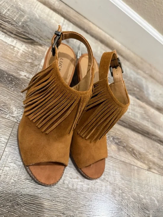 Lucky Brand Tan Suede Fringe Block Heel Sandals - Picture 2 of 9